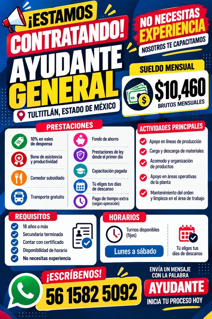 Banner del anuncio de la vacante: ¡ESTAMOS · CONTRATANDO! · AYUDANTE · GENERAL · TULTITLÁN, ESTADO DE MÉXICO · PRESTACIONES · 10% en vales · de despensa · Fondo de ahorro · B
