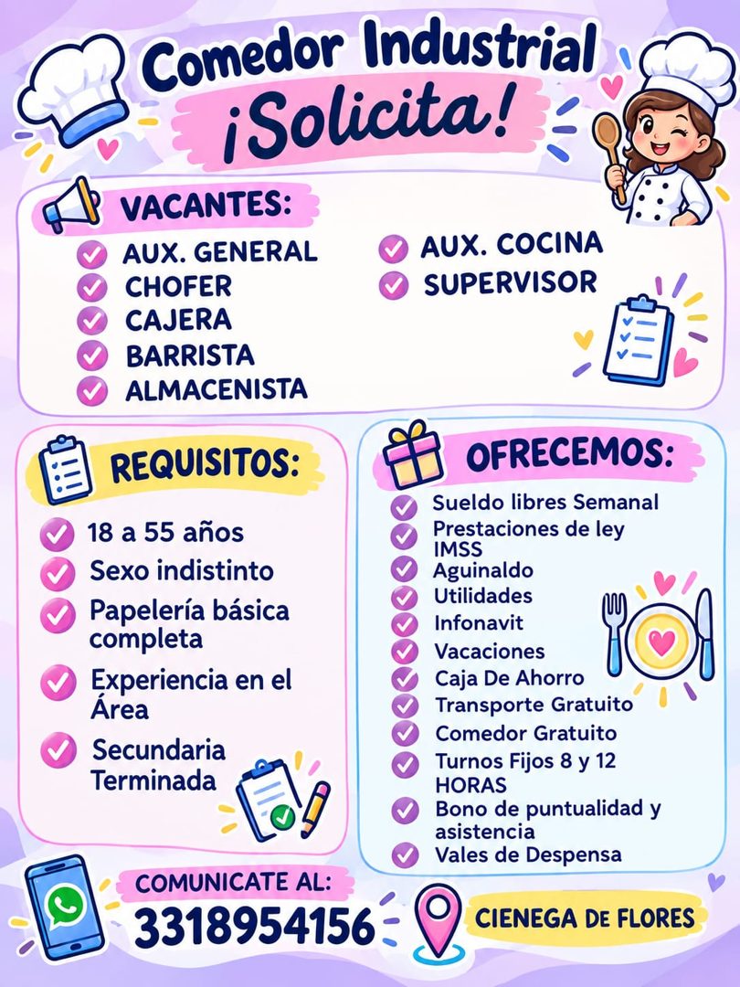 Banner del anuncio de la vacante: V · Comedor Industrial · ¡Solicita! · VACANTES: · AUX. GENERAL · CHOFER · AUX. COCINA · SUPERVISOR · CAJERA · BARRISTA · ALMACENISTA · REQUI