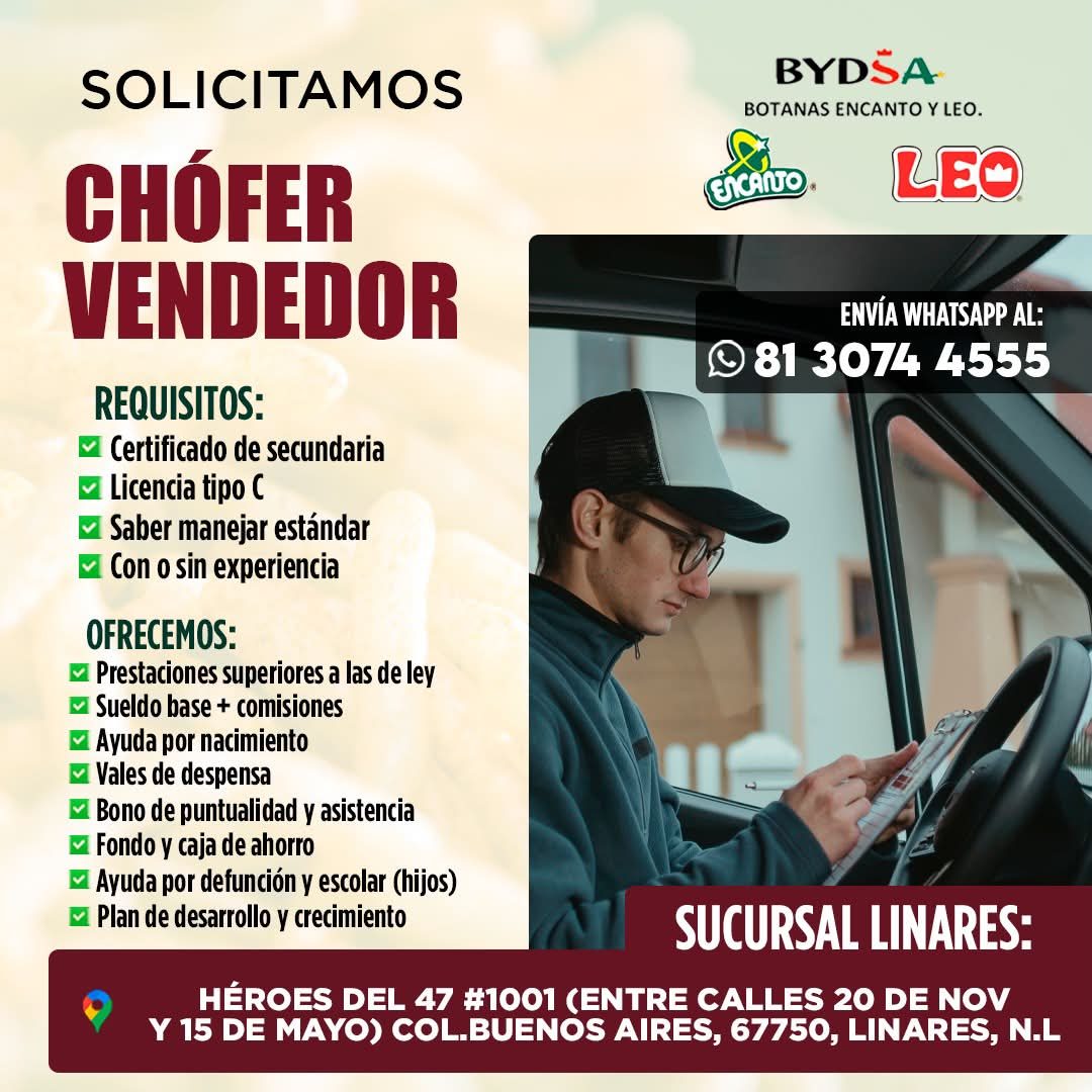 Banner del anuncio de la vacante: SOLICITAMOS · CHOFER · VENDEDOR · REQUISITOS: · • Certificado de secundaria · • Licencia tipo C · • Saber manejar estándar · • Con o sin exp