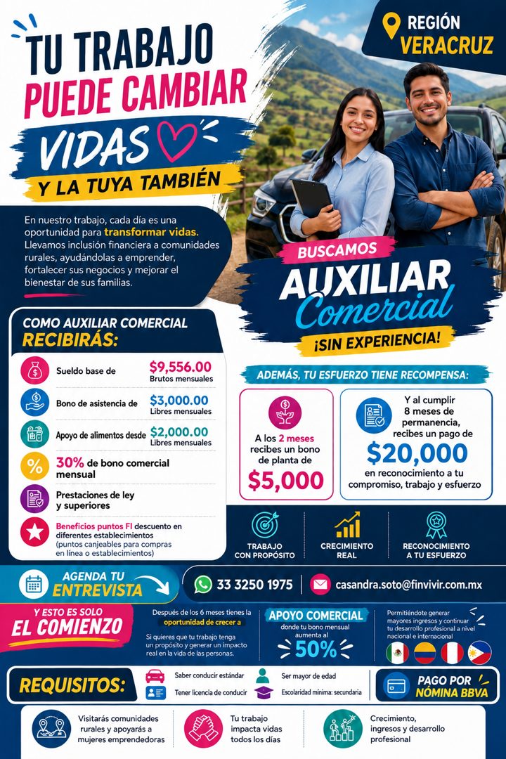 Banner del anuncio de la vacante: TU TRABAJO · PUEDE CAMBIAR · VIDAS · Y LA TUYA TAMBIÉN · En nuestro trabajo, cada día es una · oportunidad para transformar vidas. · Llevamo