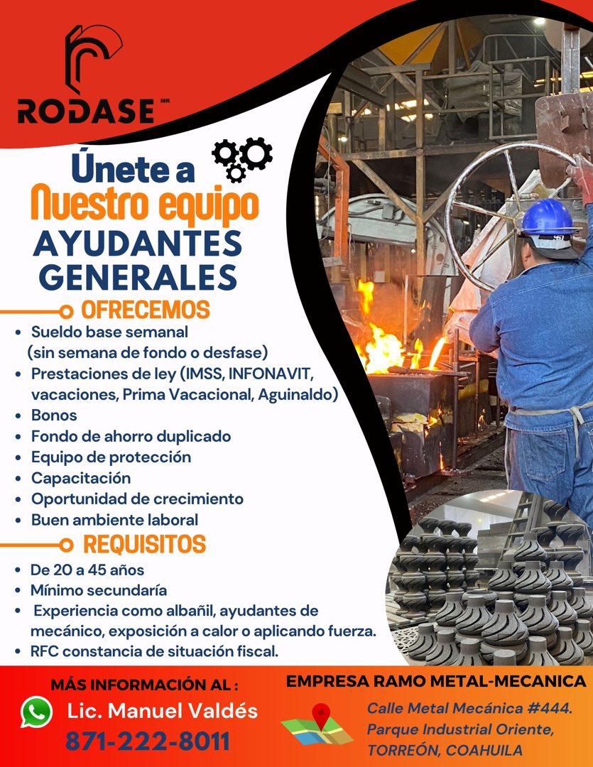 Banner del anuncio de la vacante: RODASE** · Únete a · Nuestro equipo · AYUDANTES · GENERALES · • OFRECEMOS · • Sueldo base semanal · (sin semana de fondo o desfase) · • Pres