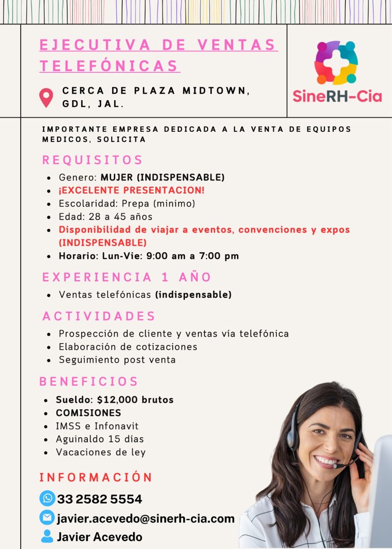 Banner del anuncio de la vacante: EJECUTIVA DE VENTAS · TELEFÓNICAS · CERCA DE PLAZA MIDTOWN, · GDL, JAL. · SineRH-Cia · IMPORTANTE EMPRESA DEDICADA A LA VENTA DE EQUIPOS · M