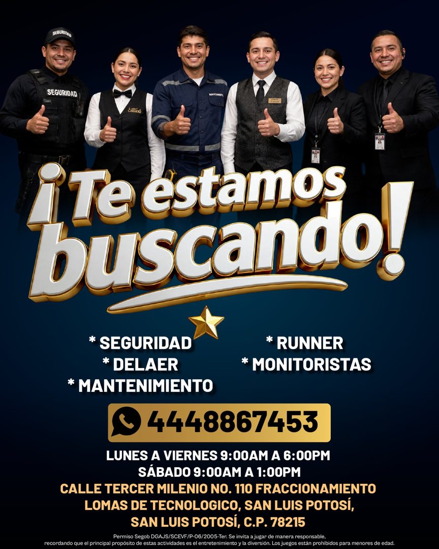 Banner del anuncio de la vacante: SEBURIDAS · SEGURIDAD · iTe estamos · buscando! · * SEGURIDAD · * DELAER · * RUNNER · * MONITORISTAS · * MANTENIMIENTO · 4448867453 · LUNES 