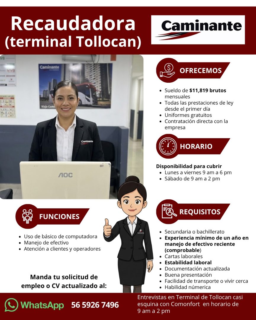 Banner del anuncio de la vacante: Recaudadora · (terminal Tollocan) · Caminante · viva · aminan · OFRECEMOS · • Sueldo de $11,819 brutos · mensuales · • Todas las prestacione