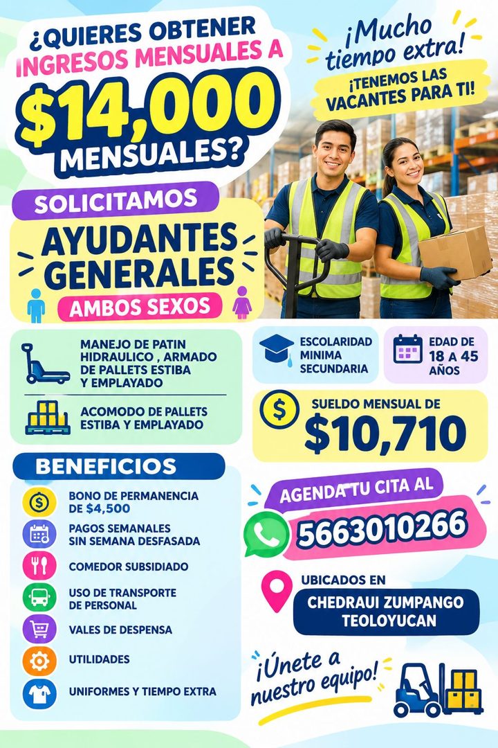 Banner del anuncio de la vacante: ¿QUIERES OBTENER · INGRESOS MENSUALES A · $14,000 · MENSUALES? · SOLICITAMOS · AYUDANTES: · GENERALES · AMBOS SEXOS · MANEJO DE PATIN · HIDR