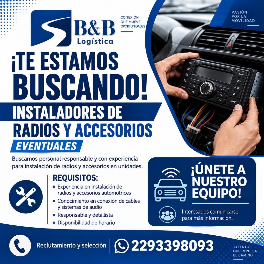 Banner del anuncio de la vacante: B&B · Logística · CONEXIÓN · QUE MUEVE · OPORTUNIDADES · ¡TE ESTAMOS · BUSCANDO! · INSTALADORES DE · RADIOS Y ACCESORIOS · /EVENTUALES · Bus