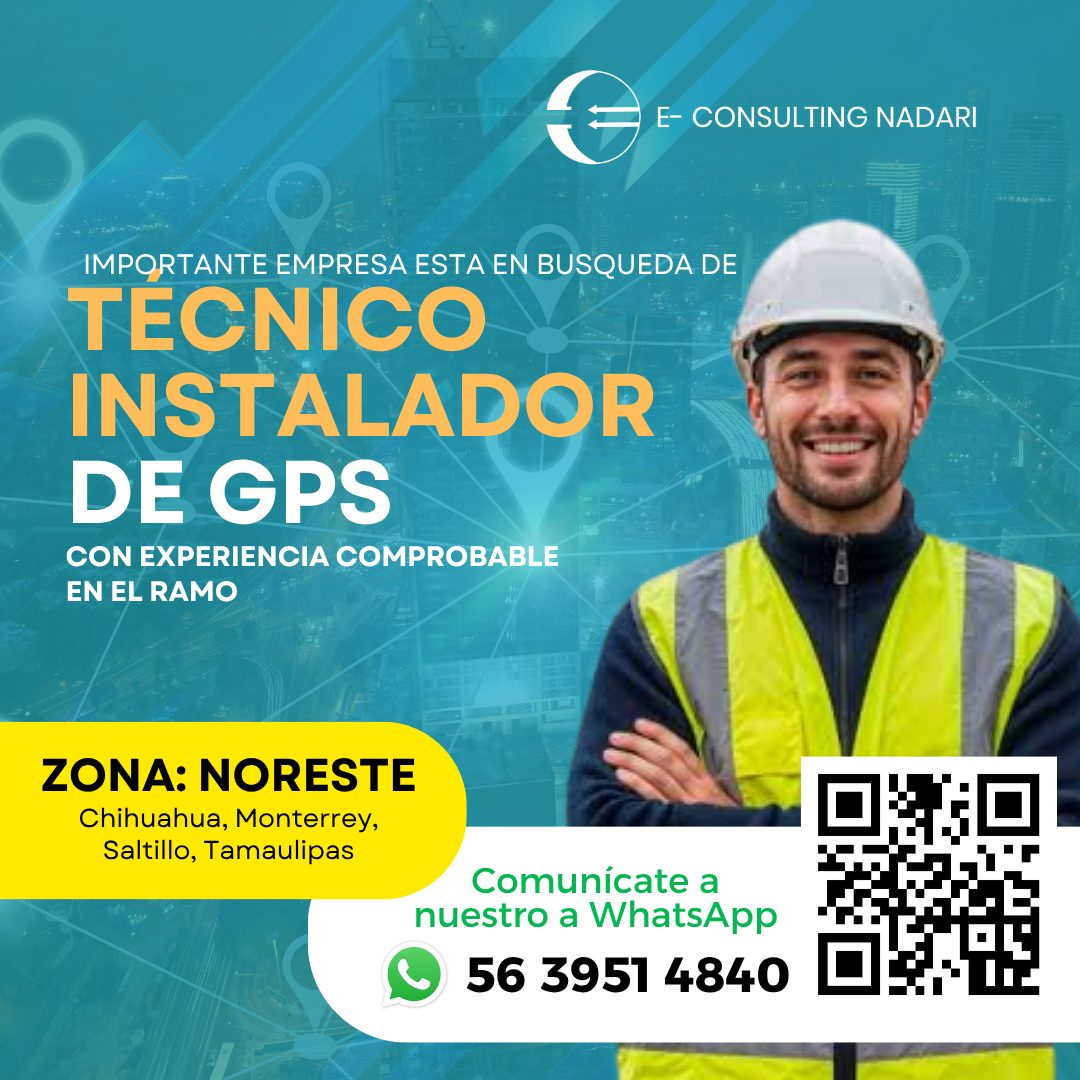 Banner del anuncio de la vacante: E- CONSULTING NADARI · IMPORTANTE EMPRESA ESTA EN BUSQUEDA DE · TECNICO · INSTALADOR · DE GPS · CON EXPERIENCIA COMPROBABLE · EN EL RAMO · Z