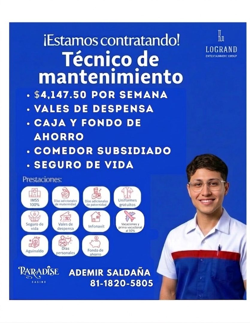 Banner del anuncio de la vacante: ¡Estamos contratando! · Técnico de · mantenimiento · • $4,147.50 POR SEMANA · • VALES DE DESPENSA · • CAJA Y FONDO DE · AHORRO · • COMEDOR S
