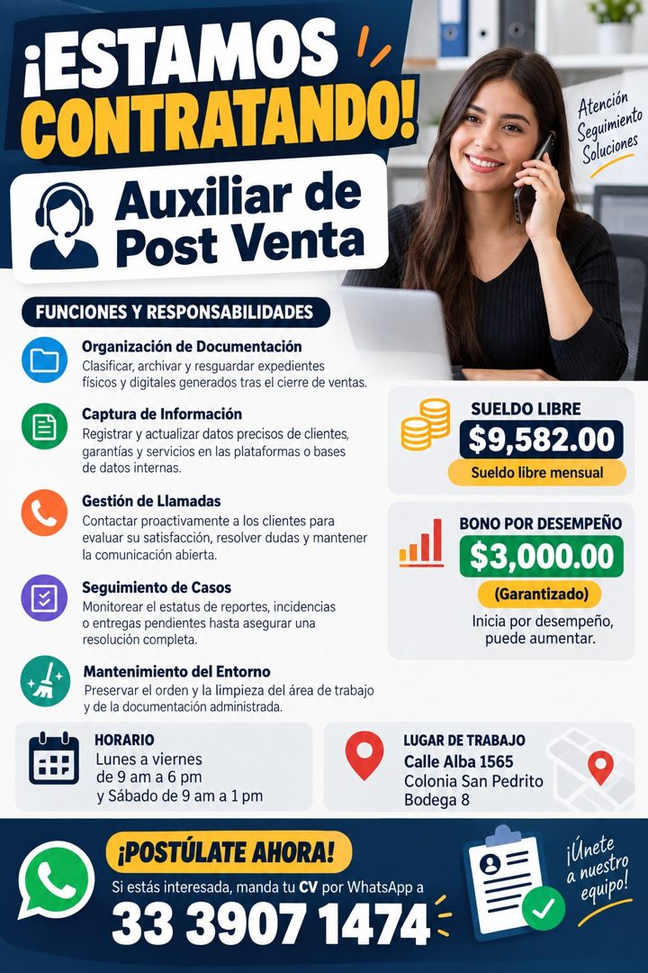 Banner del anuncio de la vacante: ¡ESTAMOS , · CONTRATANDO! · Auxiliar de · Post Venta · FUNCIONES Y RESPONSABILIDADES · Organización de Documentación · Clasificar, archivar 