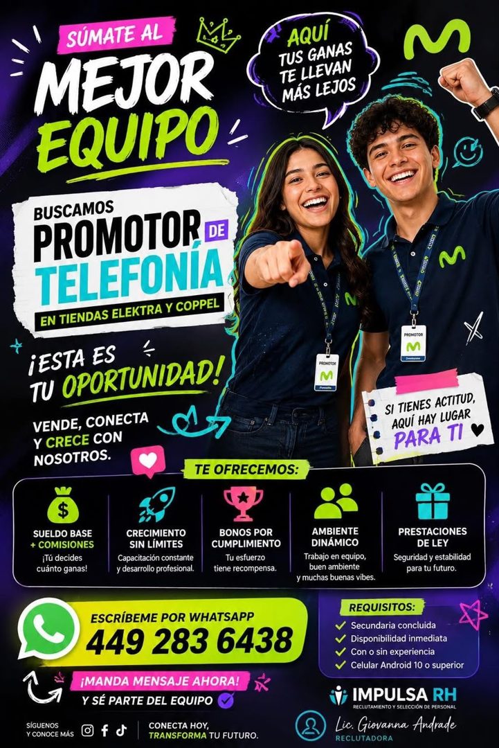 Banner del anuncio de la vacante: SÚMATE AL · MEJOR · EQUIPO · AQUÍ · TUS GANAS · TE LLEVAN · MÁS LEJOS · BUSCAMOS · PROMOTOR DEI · TELEFONIA · EN TIENDAS ELEKTRA Y COPPEL · 