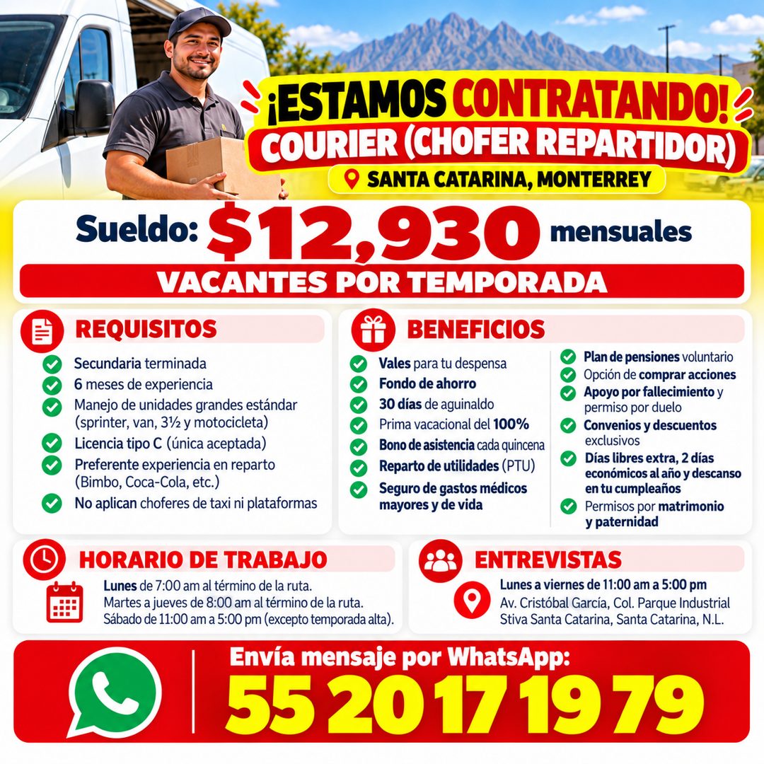 Banner del anuncio de la vacante: ¡ESTAMOS CONTRATANDO! · COURIER (CHOFER REPARTIDOR) · SANTA CATARINA, MONTERREY · Sueldo: $12,930 mensuales · VACANTES POR TEMPORADA · REQUI