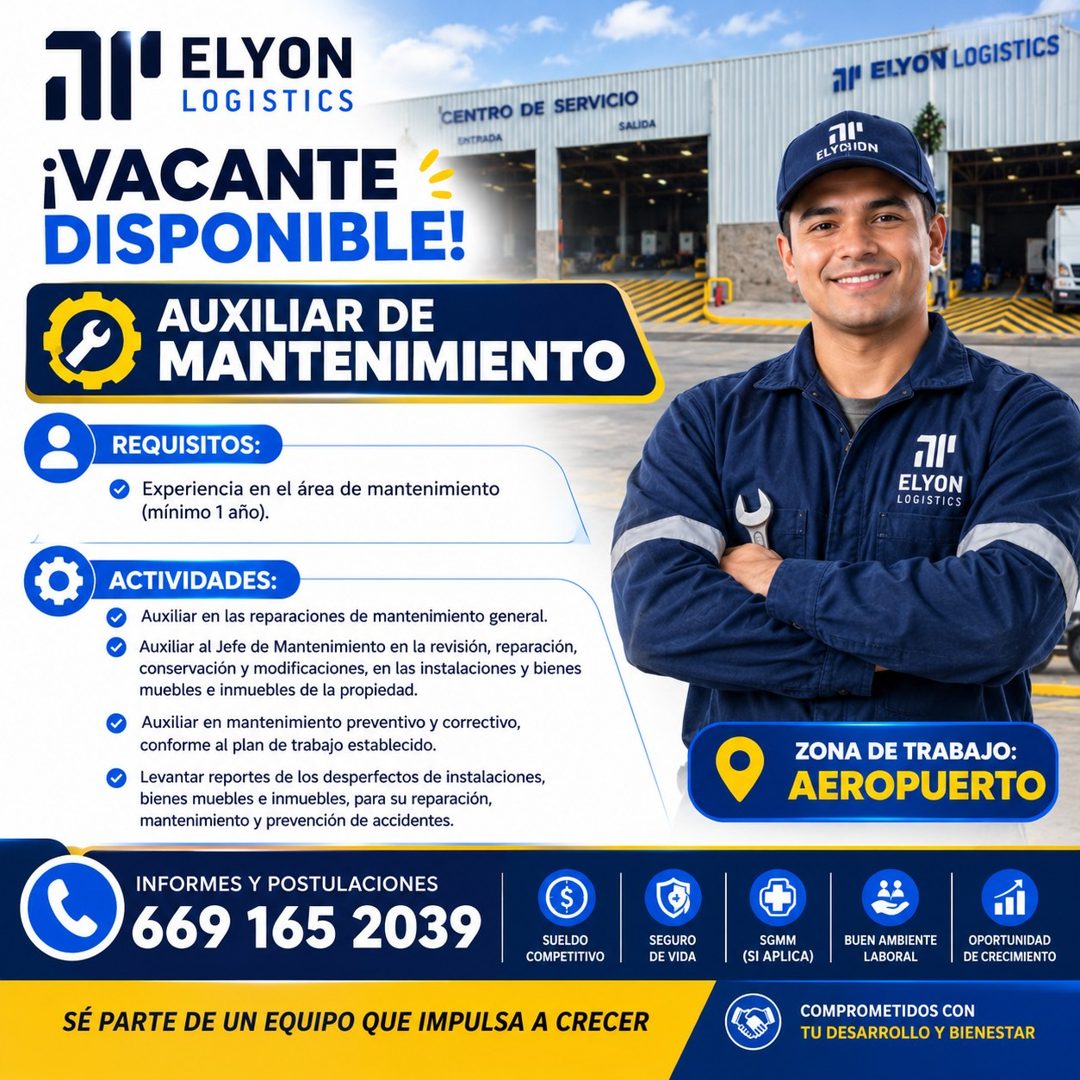 Banner del anuncio de la vacante: M'ELYON · LOGISTICS · CENTRO DE SERVICIO · SALIDA · ENTRADA · ¡VACANTE · DISPONIBLE! · AUXILIAR DE · MANTENIMIENTO · AI' ELYON LOGISTICS · E