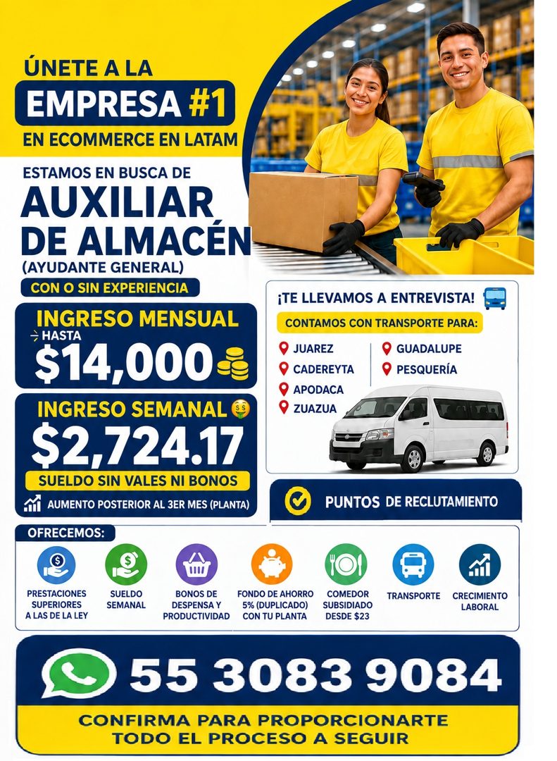 Banner del anuncio de la vacante: ÚNETE A LA · EMPRESA · EN ECOMMERCE EN LATAM · ESTAMOS EN BUSCA DE · AUXILIAR · DE ALMACÉN · (AYUDANTE GENERAL) · CON O SIN EXPERIENCIA · IN