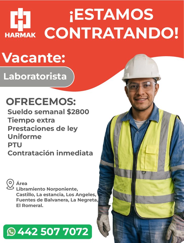 Banner del anuncio de la vacante: ¡ESTAMOS · HARMAK · CONTRATANDO! · Vacante: · Laboratorista · OFRECEMOS: · Sueldo semanal $2800 · Tiempo extra · Prestaciones de ley · Unifo