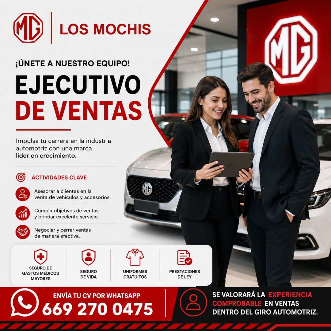 Banner del anuncio de la vacante: MD LOS MOCHIS · ¡ÚNETE A NUESTRO EQUIPO! · EJECUTIVO · DE VENTAS · Impulsa tu carrera en la industria · automotriz con una marca · líder en 