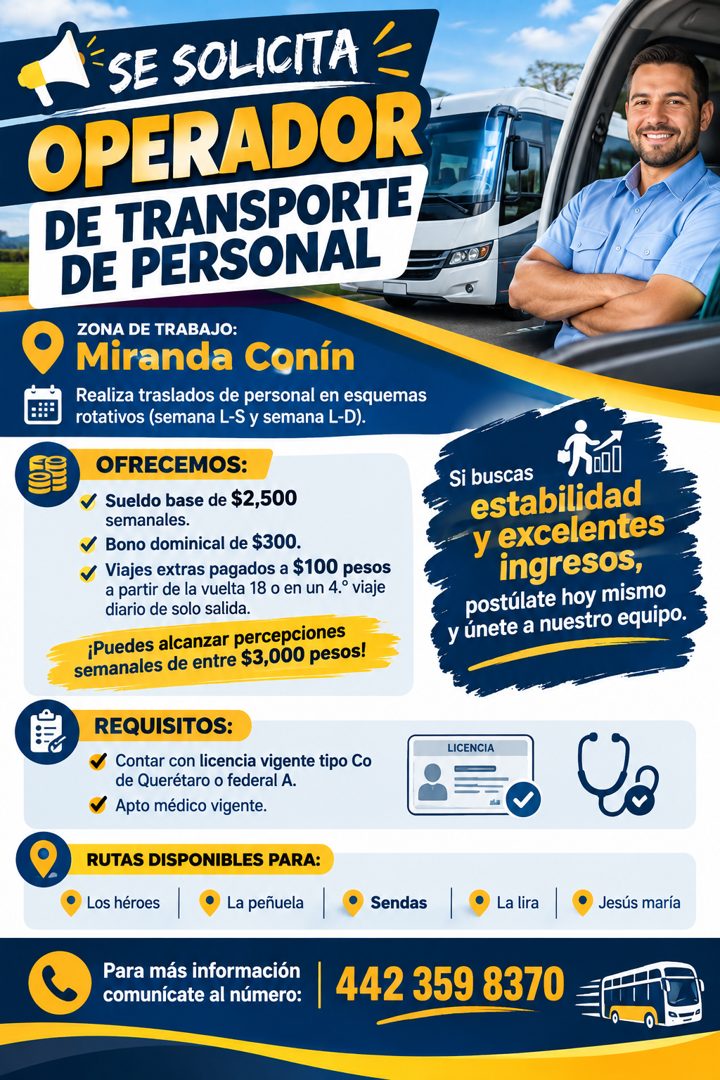 Banner del anuncio de la vacante: SE SOLICITA: · OPERADOR · DE TRANSPORTE · DE PERSONAL · ZONA DE TRABAJO: · Miranda Conín · Realiza traslados de personal en esquemas · rotat