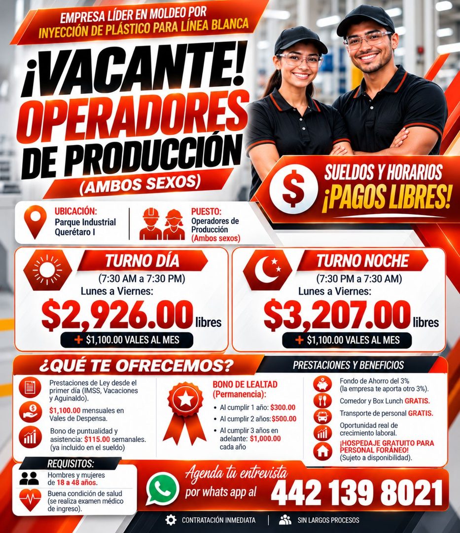 Banner del anuncio de la vacante: EMPRESA LÍDER EN MOLDEO POR · INYECCIÓN DE PLÁSTICO PARA LÍNEA BLANCA · ¡VACANTE! · OPERADORES · DE PRODUCCION · (AMBOS SEXOS) · UBICACIÓN: 