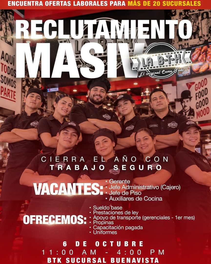 Banner del anuncio de la vacante: ENCUENTRA OFERTAS LABORALES PARA MÁS DE 20 SUCURSALES · RECLUTAMIENTO · AQuil · TODOS · MASTE · B-T-H · El original Come Jodo · SOMOS · PART