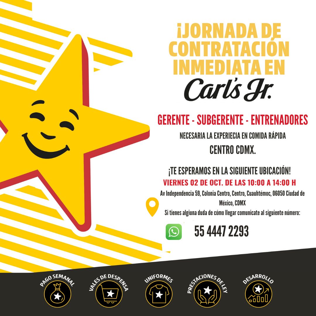 Banner del anuncio de la vacante: ONCO SEMANAL · ¡JORNADA DE · CONTRATACION · INMEDIATA EN · Carls Tr. · GERENTE - SUBGERENTE - ENTRENADORES · NECESARIA LA EXPERIECIA EN COMI