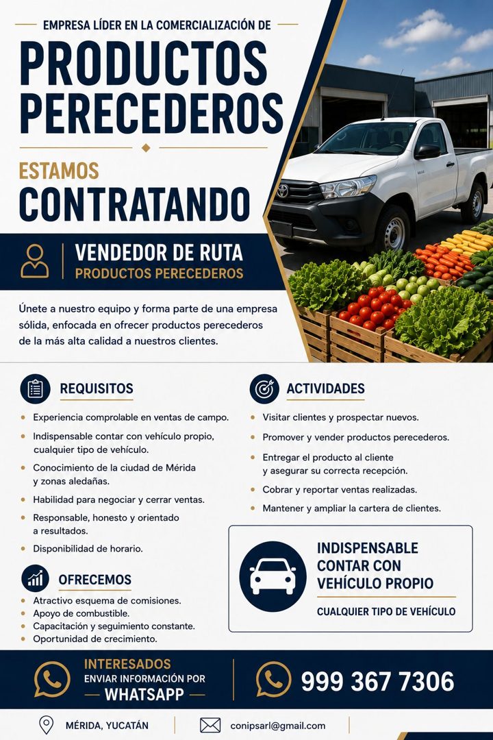 Banner del anuncio de la vacante: EMPRESA LÍDER EN LA COMERCIALIZACIÓN DE · PRODUCTOS · PERECEDEROS · ESTAMOS · CONTRATANDO · VENDEDOR DE RUTA · PRODUCTOS PERECEDEROS · Únete