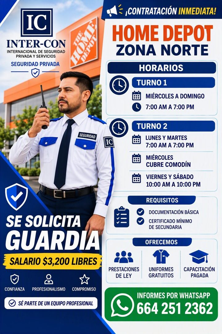 Banner del anuncio de la vacante: IC · INTER-CON · INTERNACIONAL DE SEGURIDAD · PRIVADA Y SERVICIOS · SEGURIDAD PRIVADA · SEGURIDAD · SE SOLICITA · GUARDIA · SALARIO $3,200 L
