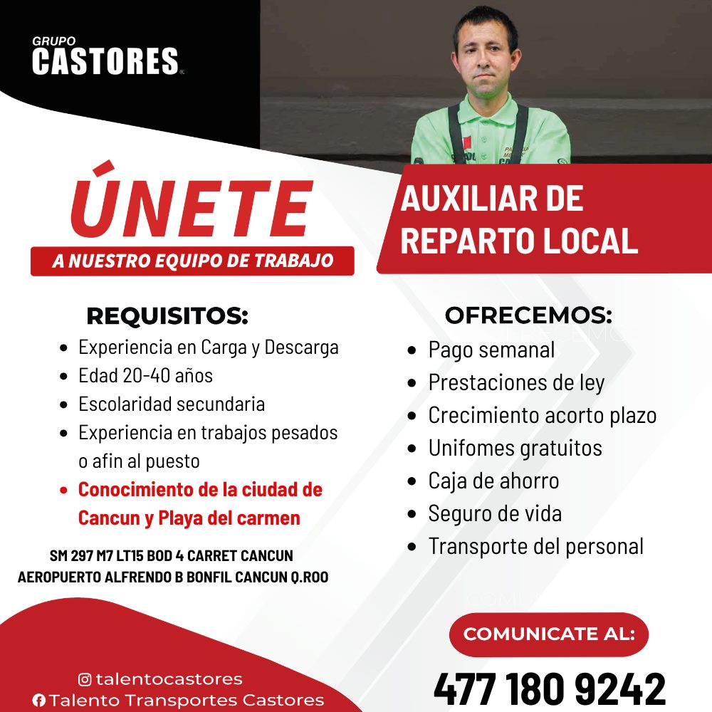 Banner del anuncio de la vacante: GRUPO · CASTORES. · ÚNETE · A NUESTRO EQUIPO DE TRABAJO · REQUISITOS: · • Experiencia en Carga y Descarga · • Edad 20-40 años · • Escolarida