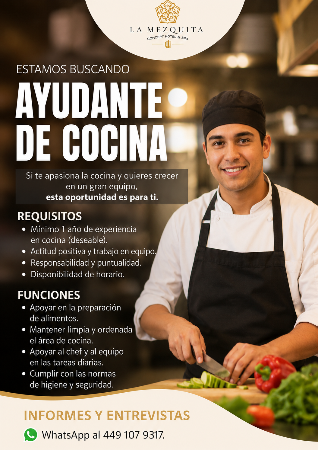 Banner del anuncio de la vacante: LA MEZQUITA · CONCEPT HOTEL & SPA · ESTAMOS BUSCANDO · AYUDANTE · DE COCINA · Si te apasiona la cocina y quieres crecer · en un gran equipo,