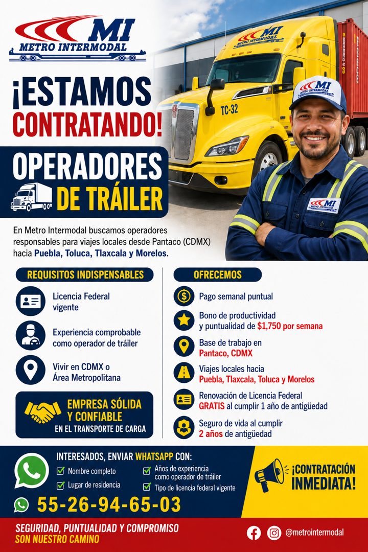 Banner del anuncio de la vacante: MI · METRO INTERMODAL · ¡ESTAMOS · CONTRATANDO! · OPERADORES · 100% · DE TRÁILER · TC-32 · En Metro Intermodal buscamos operadores · respons