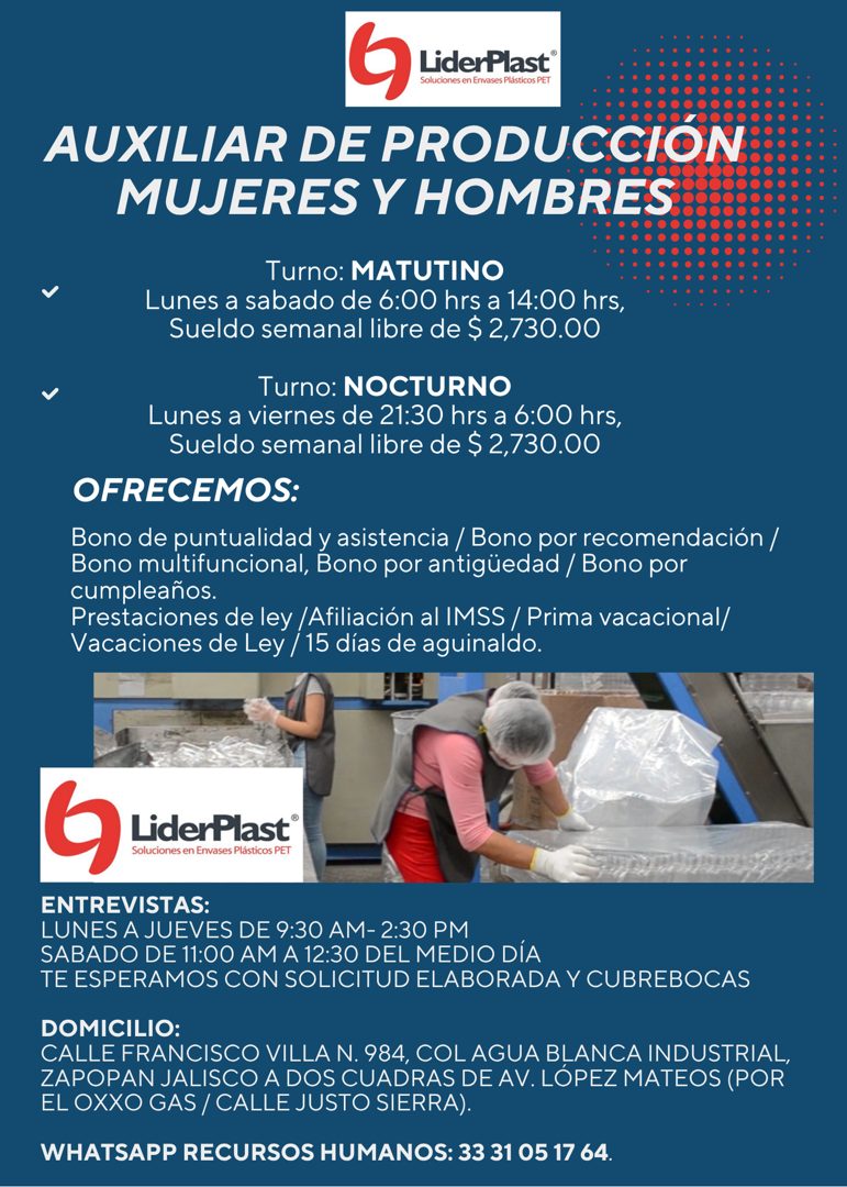 Banner del anuncio de la vacante: LiderPlast® · Soluciones en Envases Plásticos PET · AUXILIAR DE PRODUCCIÓN · MUJERES Y HOMBRES · Turno: MATUTINO · Lunes a sabado de 6:00 hr