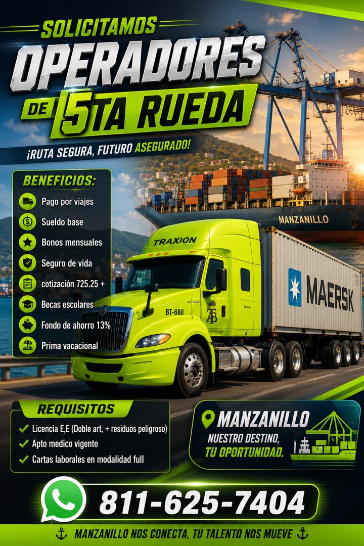 Banner del anuncio de la vacante: SOLICITAMOS = · OPERADORES · DE STA RUEDA · ¡RUTA SEGURA, FUTURO ASEGURADO! · BENEFICIOS: · Pago por viajes · Sueldo base · Bonos mensuales 