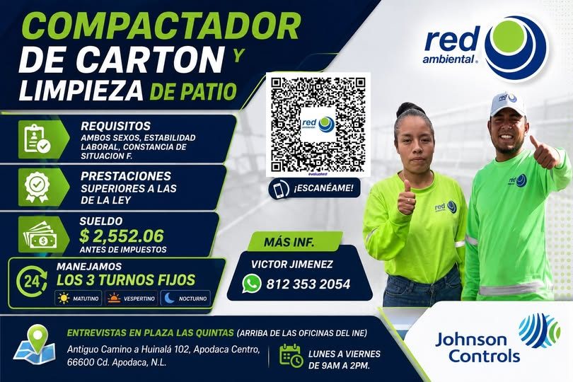 Banner del anuncio de la vacante: COMPACTADOR · DE CARTON Y · LIMPIEZA DE PATIO · REQUISITOS · AMBOS SEXOS, ESTABILIDAD · LABORAL, CONSTANCIA DE · SITUACION F. · red · PRESTA