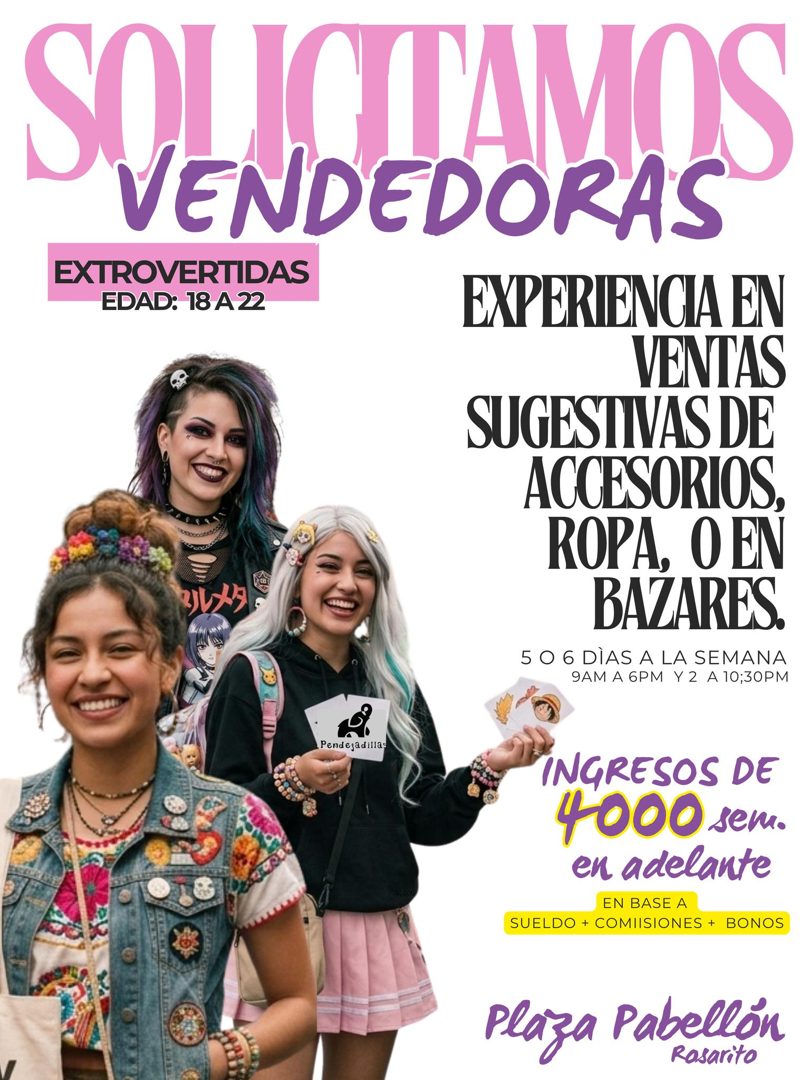 Banner del anuncio de la vacante: YO COTAMON · VENDEDORAS · EXTROVERTIDAS · EDAD: 18 A 22 · EXPERIENCIA EN · VENTAS · SUGESTIVAS DE · ACCESORIOS, · ROPA, O EN · BAZARES. · 5 