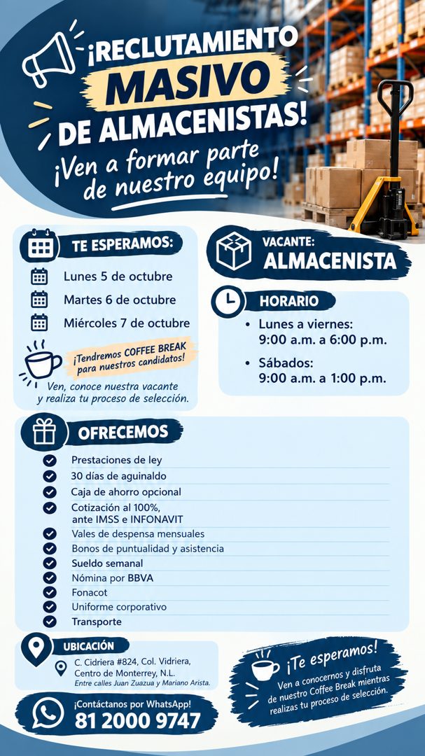 Banner del anuncio de la vacante: ¡RECLUTAMIENTO · MASIVO · DE ALMACENISTAS! · ¡Ven a formar parte · de nuestro equipo! · TE ESPERAMOS: · Lunes 5 de octubre · Martes 6 de oct