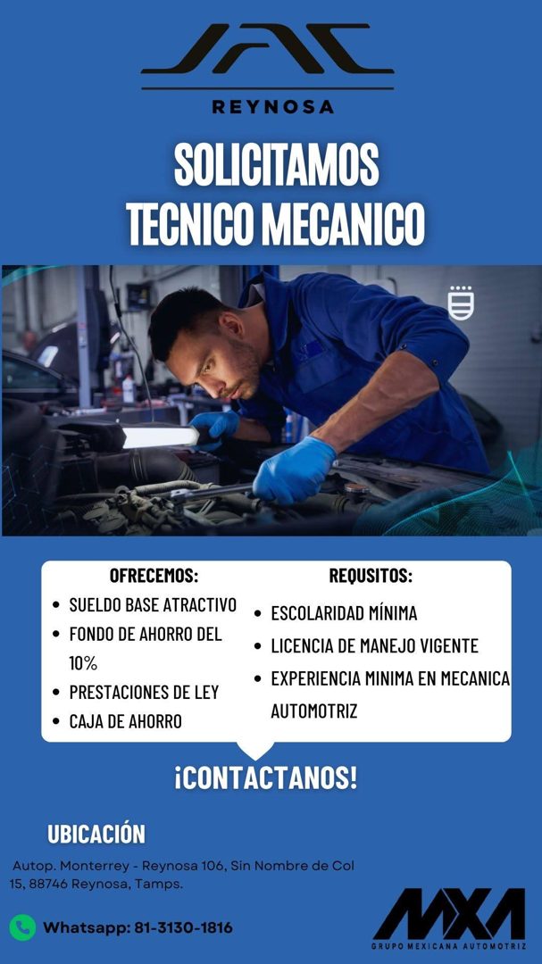 Banner del anuncio de la vacante: REYNOSA · SOLICITAMOS · TECNICO MECANICO · OFRECEMOS: · REQUSITOS: · • SUELDO BASE ATRACTIVO • ESCOLARIDAD MÍNIMA · • FONDO DE AHORRO DEL · 