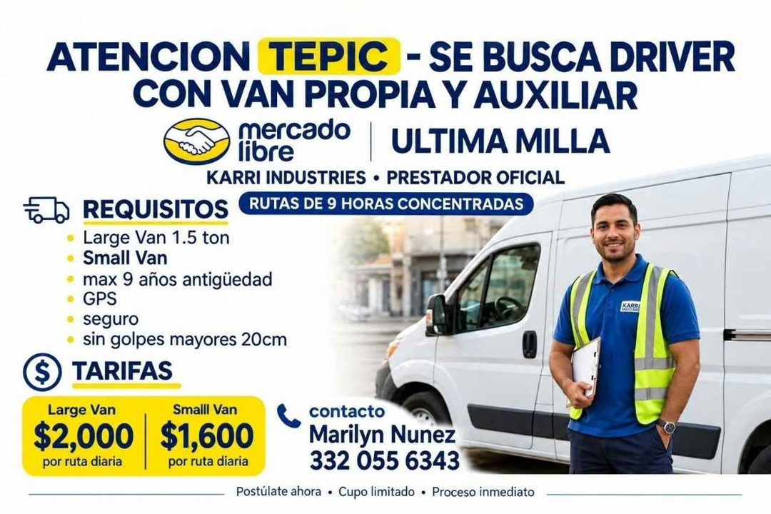 Banner del anuncio de la vacante: ATENCION TEPIC - SE BUSCA DRIVER · CON VAN PROPIA Y AUXILIAR · mercado ULTIMA MILLA · libre · KARRI INDUSTRIES • PRESTADOR OFICIAL · REQUISI