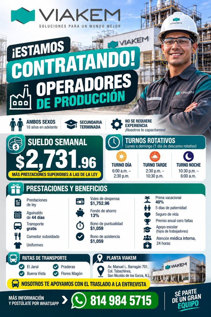 Banner del anuncio de la vacante: VIAKEM · SOLUCIONES PARA UN MUNDO MEJOR · ¡ESTAMOS · CONTRATANDO! · OPERADORES · DE PRODUCCION · VIAKEM · AMBOS SEXOS · 18 años en adelante 