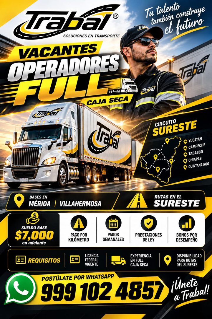 Banner del anuncio de la vacante: Trabar® · SOLUCIONES EN TRANSPORTE · VACANTES · OPERADORES · FULL · CAJA SECA · Trabal · Tu talento · también construye · el futuro · Tabal 