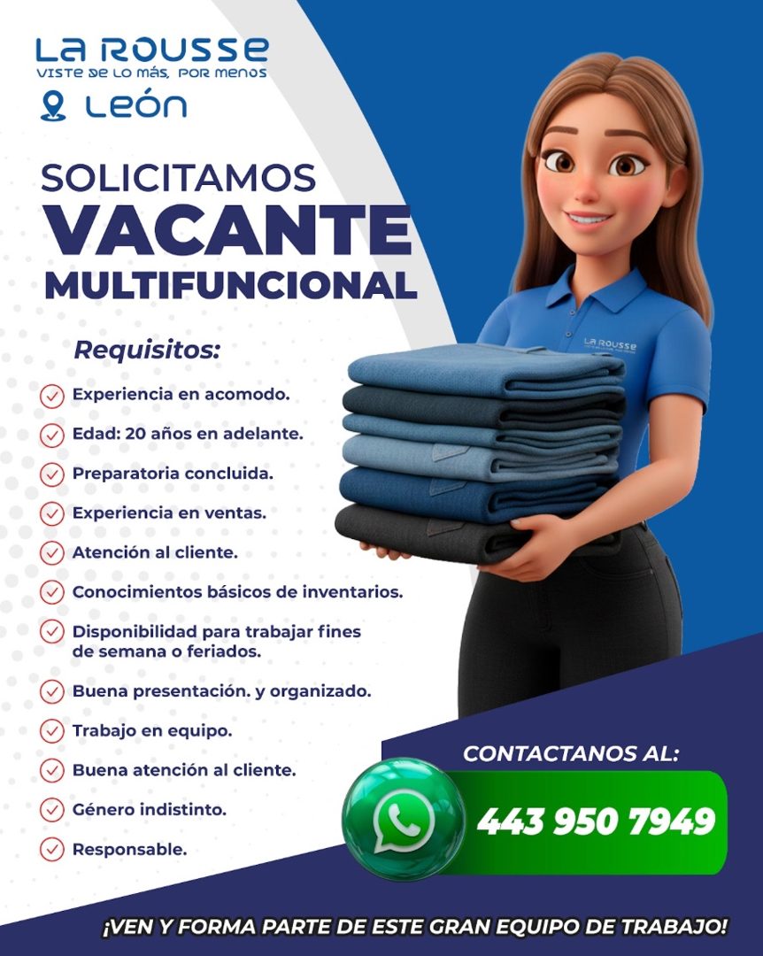 Banner del anuncio de la vacante: La RoUsse · VISTe De Lo más, poR menos · & León · SOLICITAMOS · VACANTE · MULTIFUNCIONAL · Requisitos: · Experiencia en acomodo. · Edad: 20 