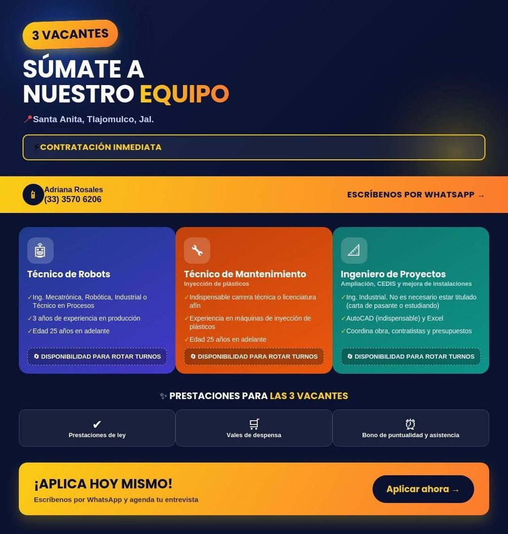 Banner del anuncio de la vacante: 3 VACANTES · SÚMATE A · NUESTRO EQUIPO · /Santa Anita, Tlajomulco, Jal. · CONTRATACIÓN INMEDIATA · Adriana Rosales · (33) 3570 6206 · ESCRÍB