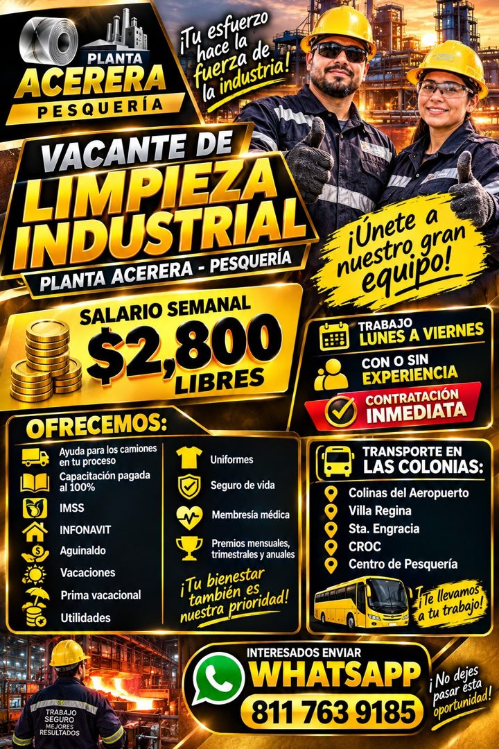 Banner del anuncio de la vacante: PLANTA · ¡Tu esfuerzo · hace la · ACERERA · fuerza de · PESQUERÍA · la industria! · VACANTE DE · LIMPIEZA · INDUSTRIAL · PLANTA ACERERA - PE