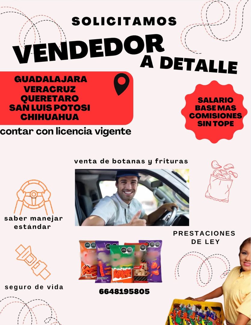 Banner del anuncio de la vacante: SOLICITAMOS · VENDEDOR · A DETALLE · GUADALAJARA · VERACRUZ · QUERETARO · SAN LUIS POTOSI · CHIHUAHUA · contar con licencia vigente · SALARI