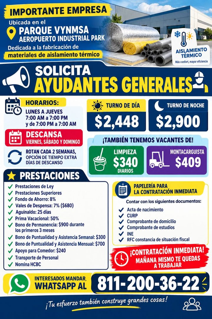 Banner del anuncio de la vacante: IMPORTANTE EMPRESA · Ubicada en el · PARQUE VYNMSA · AEROPUERTO INDUSTRIAL PARK · Dedicada a la fabricación de · materiales de aislamiento t