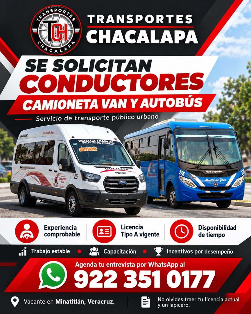 Banner del anuncio de la vacante: ANS POR EC · TRANSPORTES · CHACALAPA · CHACALY" · SE SOLICITAN · CONDUCTORES · CAMIONETA VAN Y AUTOBÚS · Servicio de transporte público urba
