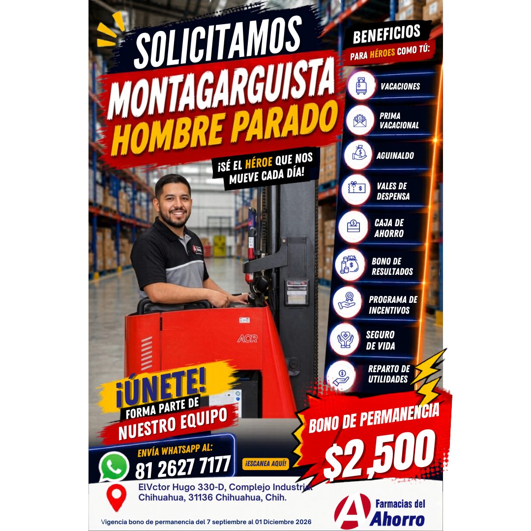 Banner del anuncio de la vacante: SOLICITAMOS · MONTAGARGUISTA · HOMBRE PARADO · ¡SÉ EL HÉROE QUE NOS · MUEVE CADA DÍA! · BENEFICIOS · PARA HÉROES COMO TÚ: · VACACIONES · PRI