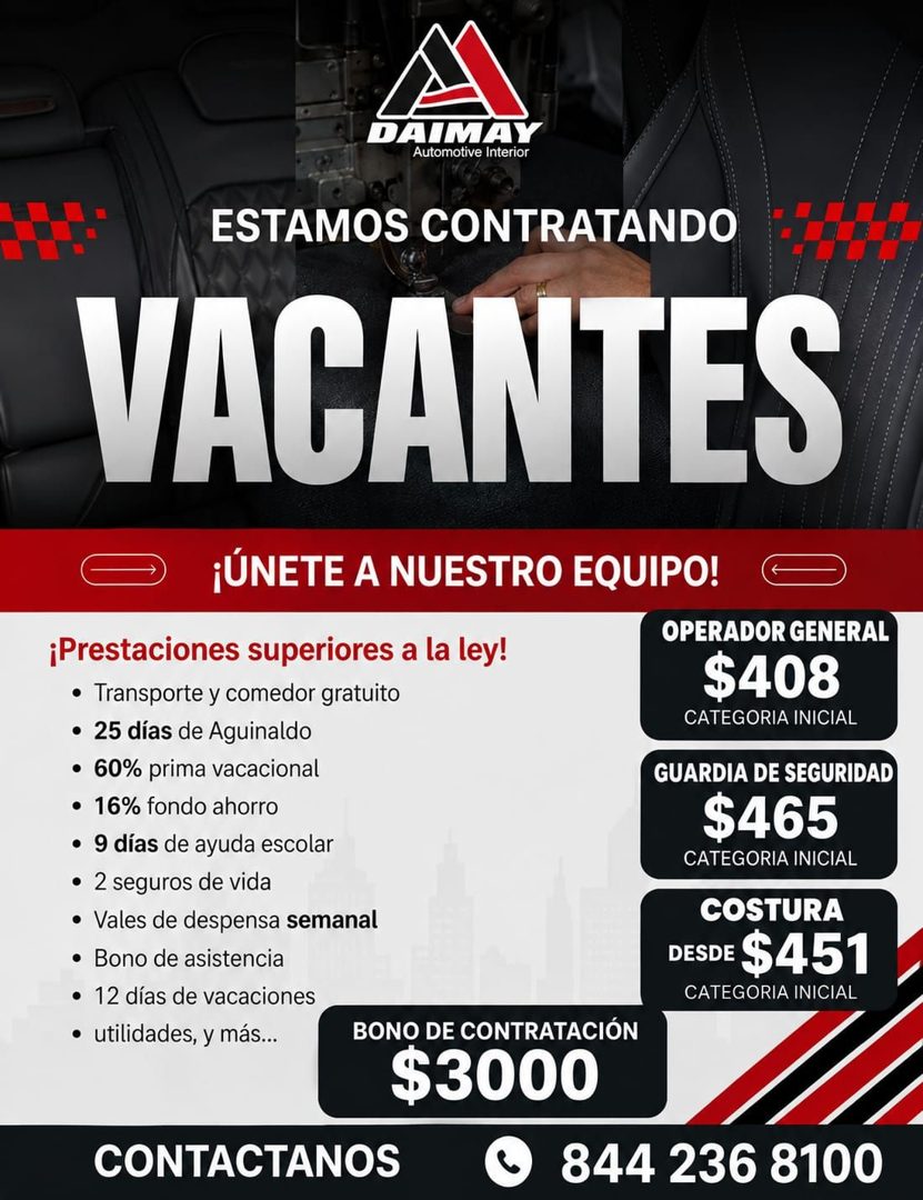 Banner del anuncio de la vacante: Automotive Interior · ESTAMOS CONTRATANDO · VACANTES · ¡ÚNETE A NUESTRO EQUIPO! · ¡Prestaciones superiores a la ley! · • Transporte y comedo