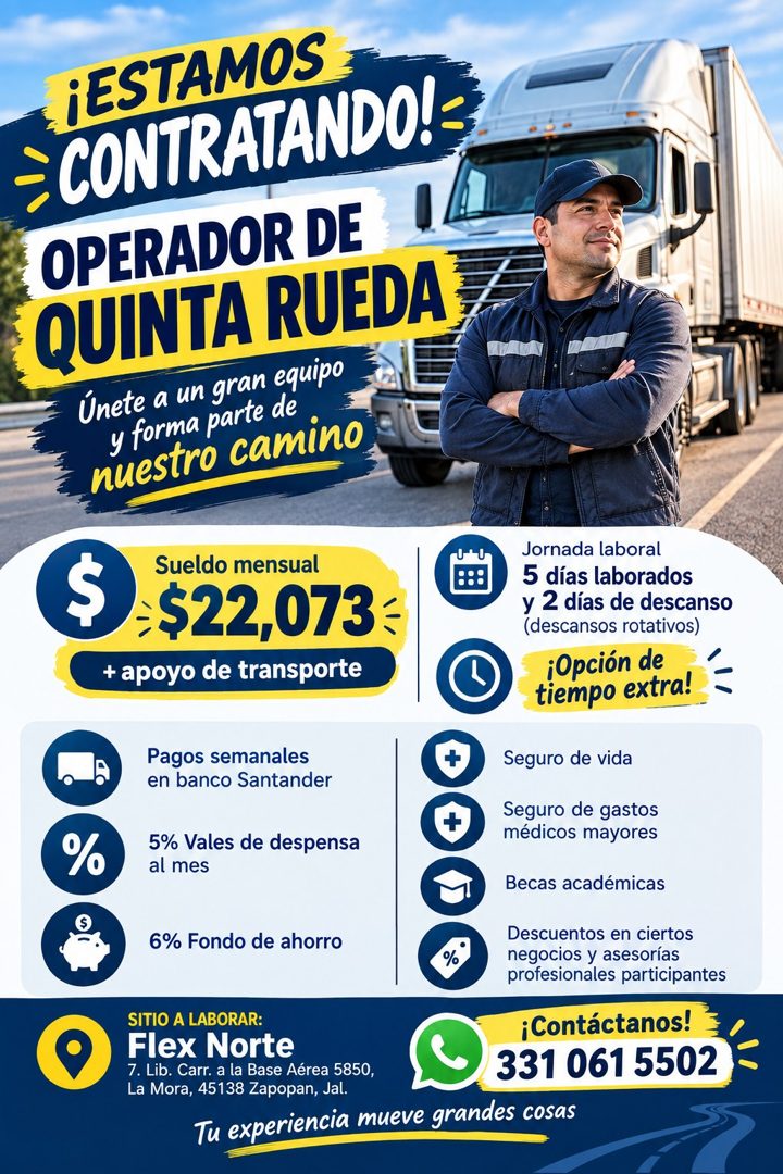 Banner del anuncio de la vacante: ¡ESTAMOS · = CONTRATANDO!= · OPERADOR DE · QUINTA RUEDA · Únete a un gran equipo · y forma parte de · nuestro camino · $ · Sueldo mensual · 