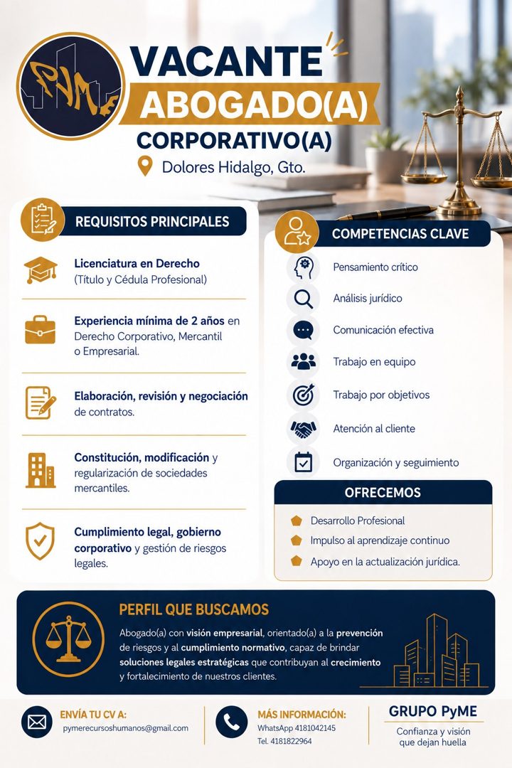 Banner del anuncio de la vacante: VACANTE · ABOGADO(A) · CORPORATIVO (A) · Dolores Hidalgo, Gto. · REQUISITOS PRINCIPALES · Licenciatura en Derecho · (Título y Cédula Profesi