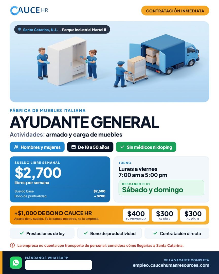 Banner del anuncio de la vacante: CAUCE HR · CONTRATACIÓN INMEDIATA · Santa Catarina, N.L. • Parque Industrial Martel II · FÁBRICA DE MUEBLES ITALIANA · AYUDANTE GENERAL · Ac