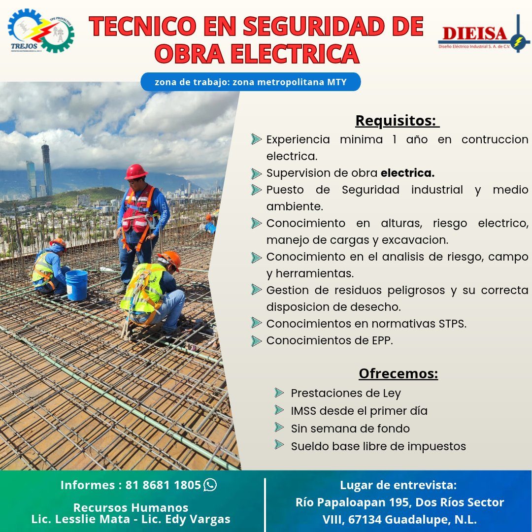 Banner del anuncio de la vacante: TREJOS · TECNICO EN SEGURIDAD DE DIEISA · OBRA ELECTRICA · Diseño Eléctrico Industrial S. A. de C.V. · zona de trabajo: zona metropolitana M