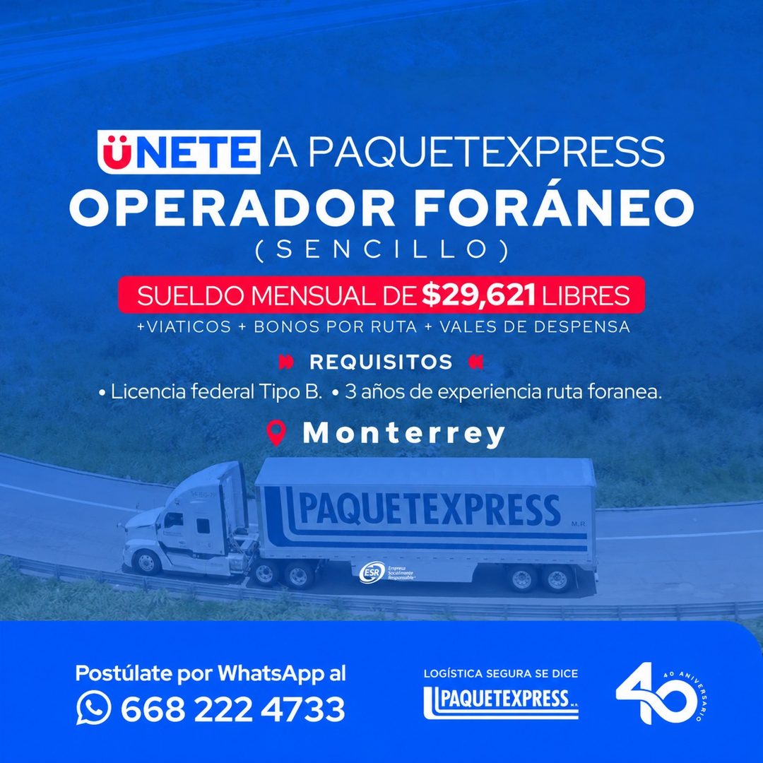 Banner del anuncio de la vacante: ÜNETE A PAQUETEXPRESS · OPERADOR FORÁNEO · (SENCILLO) · SUELDO MENSUAL DE $29,621 LIBRES · + VIATICOS + BONOS POR RUTA + VALES DE DESPENSA ·